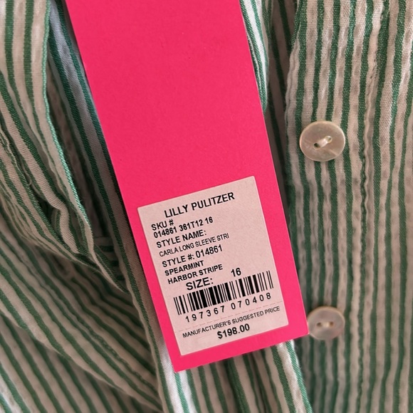 Lilly Pulitzer Mini Dress 16 Carla Striped Green White Seersucker Long Sleeves - Picture 2 of 3